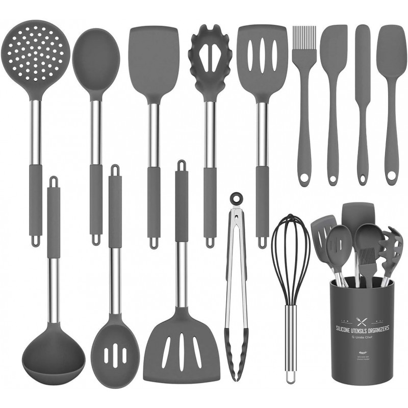 Stainless Steel Kitchen Cooking Utensil Set, Umite Chef 15 pcs Cooking Utensils - Nonstick Kitchen Utensils Cookware Set Spatula Set -Kitchen Gadgets Utensils Set, Kitchen Tools Gift (Gray)