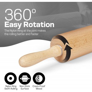 Wooden Rolling Pin 17.6 Inch with Rotating Ergonomic Handles – Classic Beech Wood Dough Roller for Baking Pizza, Pastry, Bread, and Cookies