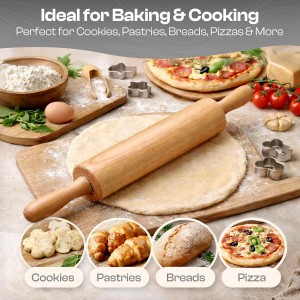 Wooden Rolling Pin 17.6 Inch with Rotating Ergonomic Handles – Classic Beech Wood Dough Roller for Baking Pizza, Pastry, Bread, and Cookies