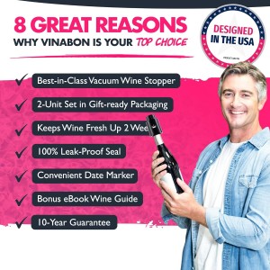 VINABON Vacuum Wine Stopper Set [Pack of 2] - Updated 2026 Preserves Freshness and Flavor for 15 Days. Improved One Pump Button Design, 100% Leak Proof Seal in Any Position. Includes WineGuide eBook