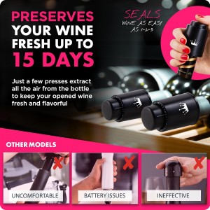VINABON Vacuum Wine Stopper Set [Pack of 2] - Updated 2026 Preserves Freshness and Flavor for 15 Days. Improved One Pump Button Design, 100% Leak Proof Seal in Any Position. Includes WineGuide eBook