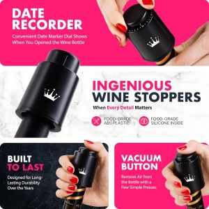 VINABON Vacuum Wine Stopper Set [Pack of 2] - Updated 2026 Preserves Freshness and Flavor for 15 Days. Improved One Pump Button Design, 100% Leak Proof Seal in Any Position. Includes WineGuide eBook