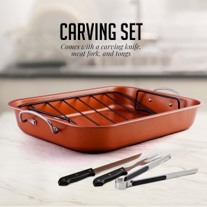 OVENTE Stainless Steel Roasting Pan with V-Shape Rack and Carving Set, 15x11.75 Inch Nonstick Roaster Tray, Oven & Dishwasher Safe Bakeware Dish for Turkey, Roasted Chicken or Beef, Copper CWR24619CO