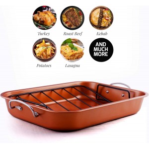 OVENTE Stainless Steel Roasting Pan with V-Shape Rack and Carving Set, 15x11.75 Inch Nonstick Roaster Tray, Oven & Dishwasher Safe Bakeware Dish for Turkey, Roasted Chicken or Beef, Copper CWR24619CO