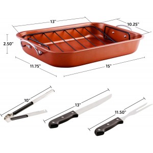 OVENTE Stainless Steel Roasting Pan with V-Shape Rack and Carving Set, 15x11.75 Inch Nonstick Roaster Tray, Oven & Dishwasher Safe Bakeware Dish for Turkey, Roasted Chicken or Beef, Copper CWR24619CO