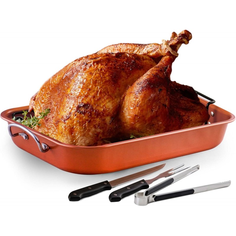 OVENTE Stainless Steel Roasting Pan with V-Shape Rack and Carving Set, 15x11.75 Inch Nonstick Roaster Tray, Oven & Dishwasher Safe Bakeware Dish for Turkey, Roasted Chicken or Beef, Copper CWR24619CO