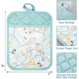 Pot Holders Set of 3 Silicone Printing Non Slip Heat Resistant, Yarm-Dyed Hot Pads Cotton Home Kitchen Cooking Barbecue Microwave Women Men Machine Washable BBQ Grilling. (Light Blue Potholders)