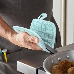 Pot Holders Set of 3 Silicone Printing Non Slip Heat Resistant, Yarm-Dyed Hot Pads Cotton Home Kitchen Cooking Barbecue Microwave Women Men Machine Washable BBQ Grilling. (Light Blue Potholders)