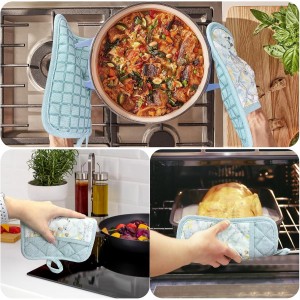 Pot Holders Set of 3 Silicone Printing Non Slip Heat Resistant, Yarm-Dyed Hot Pads Cotton Home Kitchen Cooking Barbecue Microwave Women Men Machine Washable BBQ Grilling. (Light Blue Potholders)