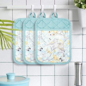 Pot Holders Set of 3 Silicone Printing Non Slip Heat Resistant, Yarm-Dyed Hot Pads Cotton Home Kitchen Cooking Barbecue Microwave Women Men Machine Washable BBQ Grilling. (Light Blue Potholders)