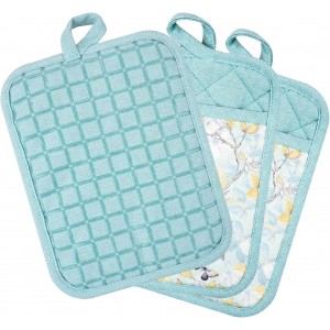 Pot Holders Set of 3 Silicone Printing Non Slip Heat Resistant, Yarm-Dyed Hot Pads Cotton Home Kitchen Cooking Barbecue Microwave Women Men Machine Washable BBQ Grilling. (Light Blue Potholders)