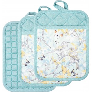 Pot Holders Set of 3 Silicone Printing Non Slip Heat Resistant, Yarm-Dyed Hot Pads Cotton Home Kitchen Cooking Barbecue Microwave Women Men Machine Washable BBQ Grilling. (Light Blue Potholders)