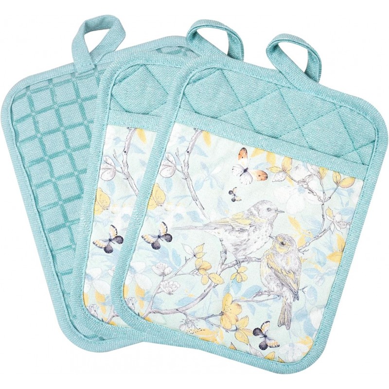 Pot Holders Set of 3 Silicone Printing Non Slip Heat Resistant, Yarm-Dyed Hot Pads Cotton Home Kitchen Cooking Barbecue Microwave Women Men Machine Washable BBQ Grilling. (Light Blue Potholders)