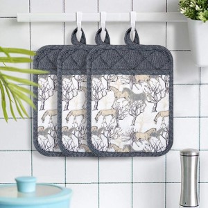 Pot Holders Set of 3 Silicone Printing Non Slip Heat Resistant, Yarm-Dyed Hot Pads Cotton Home Kitchen Cooking Barbecue Microwave Women Men Machine Washable BBQ Grilling. (Gray Potholders)