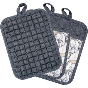 Pot Holders Set of 3 Silicone Printing Non Slip Heat Resistant, Yarm-Dyed Hot Pads Cotton Home Kitchen Cooking Barbecue Microwave Women Men Machine Washable BBQ Grilling. (Gray Potholders)