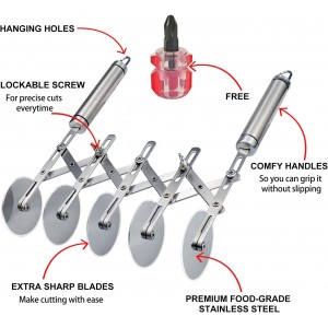 Juome 5 Wheel Pastry Cutter Stainless Pizza Slicer Multi-Round Dough Cutter Roller Cookie Pastry Knife Divider with Handle