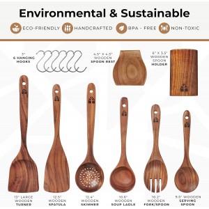Wooden Utensil Set 8 Pcs – Sturdy & Easy to Clean, Natural Teak Wooden Spoons for Cooking – Non-Scratch Cooking Utensils with Spatula, Turner, Ladle, Spoons, Skimmer, Holder, Spoon Rest & 6 Hooks
