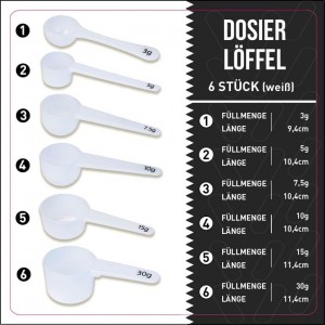 Measure spoons | measuring spoons set of 6 | exact dosing 3 gram scoop, 5 gram scoop, 7,5g, 10g, 15g, 30g | kitchen measuring set for powder and liquids | plastic medicine spoon and cups