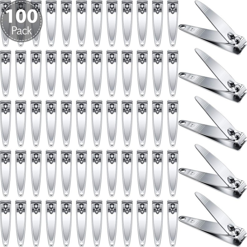 Mudder 100 Pieces Nail Clippers Set Bulk for Men Women, Silver Ultra Sharp Stainless Steel Fingernail Toenail Clippers Flat Portable Travel Sturdy Trimmer Manicure with Keychain Hole for Home Hotel