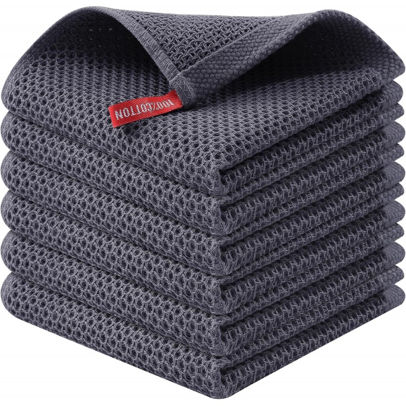 Kitinjoy 100% Cotton Kitchen Dish Cloths (12 X 12 Inches, Dark Grey), 6 Pack Waffle Weave Ultra Soft Absorbent Dish Towels for Drying Dishes Quick Drying Kitchen Towels Dish Rags