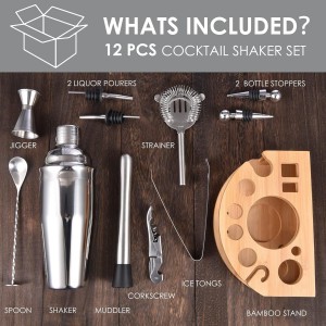 Cocktail Shaker Set,12 Piece 25oz Bartender Kit with Stand,Bar Set for Mixed Drink, Professional Bar Accessory : Shaker,Jigger,Strainer,Muddler,Liquor Pourers, House Warming Gifts