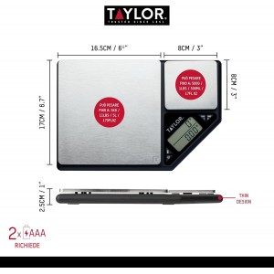 Taylor KitchenCraft Digital Kitchen Scale Dual Platform, Pro Professional Standard, Precision Accuracy and Tare Function, Brushed Stainless Steel, 5kg Capacity Black/Silver