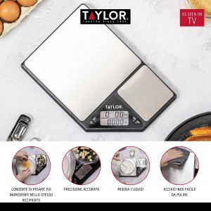 Taylor KitchenCraft Digital Kitchen Scale Dual Platform, Pro Professional Standard, Precision Accuracy and Tare Function, Brushed Stainless Steel, 5kg Capacity Black/Silver