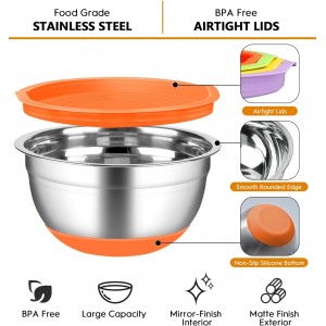 CHAREADA Mixing Bowls with Airtight Lids, 18pcs Stainless Steel Nesting Mixing Bowls Set Non-slip Silicone Bottom, Size 4.5, 3.6, 2.7, 2.1, 1.7, 1.1, 0.7 qt, Fit for Mixing & Serving(Colorful)