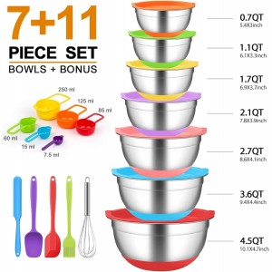 CHAREADA Mixing Bowls with Airtight Lids, 18pcs Stainless Steel Nesting Mixing Bowls Set Non-slip Silicone Bottom, Size 4.5, 3.6, 2.7, 2.1, 1.7, 1.1, 0.7 qt, Fit for Mixing & Serving(Colorful)