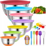 CHAREADA Mixing Bowls with Airtight Lids, 18pcs Stainless Steel Nesting Mixing Bowls Set Non-slip Silicone Bottom, Size 4.5, 3.6, 2.7, 2.1, 1.7, 1.1, 0.7 qt, Fit for Mixing & Serving(Colorful)