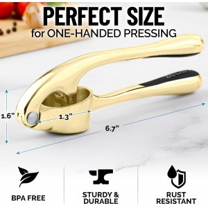 Zulay Kitchen Premium Garlic Press with Soft, Easy to Squeeze Handle - Includes Silicone Garlic Peeler & Cleaning Brush - 3 Piece Garlic Mincer Tool - Sturdy Easy to Clean Garlic Crusher (Gold)