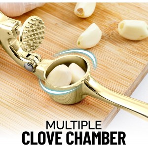 Zulay Kitchen Premium Garlic Press with Soft, Easy to Squeeze Handle - Includes Silicone Garlic Peeler & Cleaning Brush - 3 Piece Garlic Mincer Tool - Sturdy Easy to Clean Garlic Crusher (Gold)