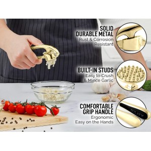Zulay Kitchen Premium Garlic Press with Soft, Easy to Squeeze Handle - Includes Silicone Garlic Peeler & Cleaning Brush - 3 Piece Garlic Mincer Tool - Sturdy Easy to Clean Garlic Crusher (Gold)