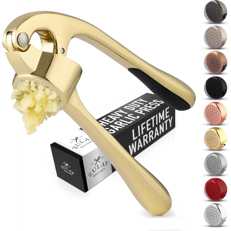 Zulay Kitchen Premium Garlic Press with Soft, Easy to Squeeze Handle - Includes Silicone Garlic Peeler & Cleaning Brush - 3 Piece Garlic Mincer Tool - Sturdy Easy to Clean Garlic Crusher (Gold)