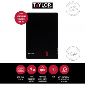 Taylor Pro Digital Ultra Thin Kitchen Food Scales, Compact Slimline Professional Standard with Tare Feature and Precision Accuracy, Black Glass, Weighs 5 kg Capacity
