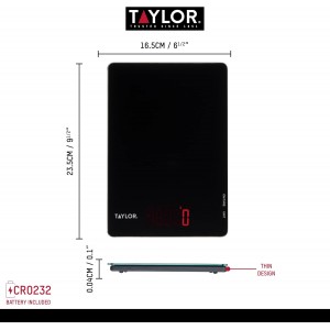 Taylor Pro Digital Ultra Thin Kitchen Food Scales, Compact Slimline Professional Standard with Tare Feature and Precision Accuracy, Black Glass, Weighs 5 kg Capacity