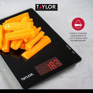 Taylor Pro Digital Ultra Thin Kitchen Food Scales, Compact Slimline Professional Standard with Tare Feature and Precision Accuracy, Black Glass, Weighs 5 kg Capacity