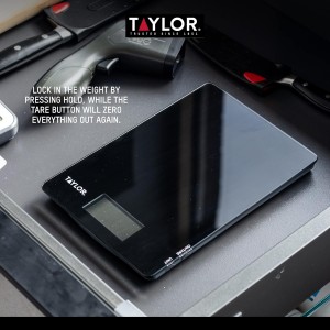 Taylor Pro Digital Ultra Thin Kitchen Food Scales, Compact Slimline Professional Standard with Tare Feature and Precision Accuracy, Black Glass, Weighs 5 kg Capacity