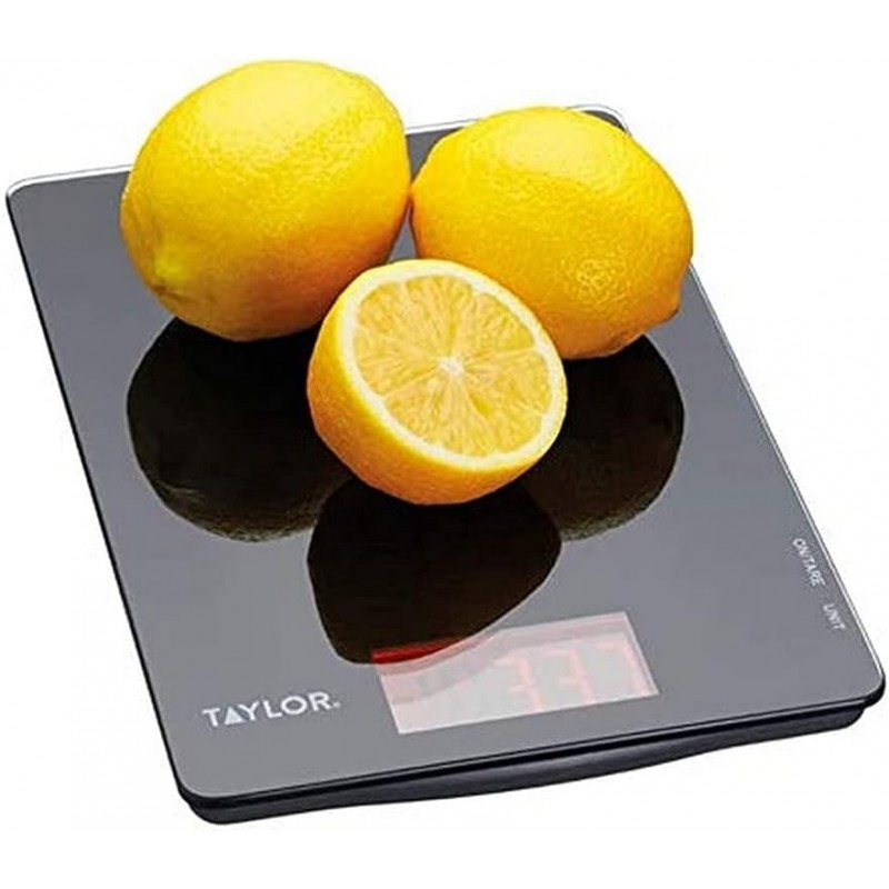 Taylor Pro Digital Ultra Thin Kitchen Food Scales, Compact Slimline Professional Standard with Tare Feature and Precision Accuracy, Black Glass, Weighs 5 kg Capacity