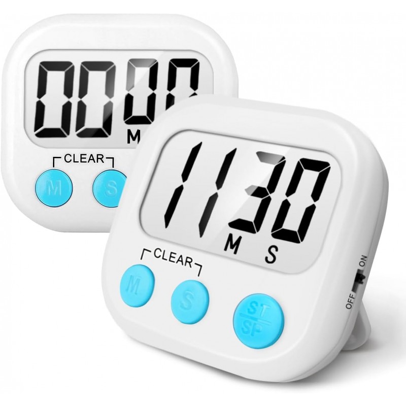 2 Pack Digital Kitchen Timer for Cooking Big Digits Loud Alarm Magnetic Backing Stand Cooking Timers for Baking White