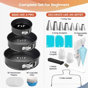 RFAQK 100pcs Cake Pan Sets for Baking + Cake Decorating Supplies: 3 Non-Stick Springform Pans Set (4, 7, 9 inches), Icing Tips, Cake Leveler – Multi-functional Leak-Proof CheeseCake Pan & eBook