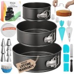RFAQK 100pcs Cake Pan Sets for Baking + Cake Decorating Supplies: 3 Non-Stick Springform Pans Set (4, 7, 9 inches), Icing Tips, Cake Leveler – Multi-functional Leak-Proof CheeseCake Pan & eBook