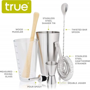 True 7-Piece Barware Set for Mixed Drinks and Cold Brew Cocktails, Includes Boston Cocktail Shaker Tin, Mixing Glass, Jigger, Muddler, Strainer, Bar Spoon, Pour Spout for Home Bar, Bartender Gifts