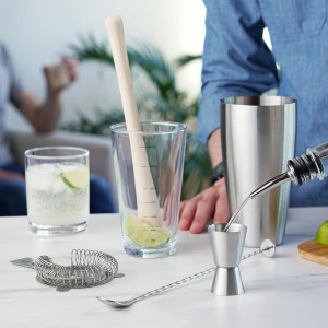 True 7-Piece Barware Set for Mixed Drinks and Cold Brew Cocktails, Includes Boston Cocktail Shaker Tin, Mixing Glass, Jigger, Muddler, Strainer, Bar Spoon, Pour Spout for Home Bar, Bartender Gifts