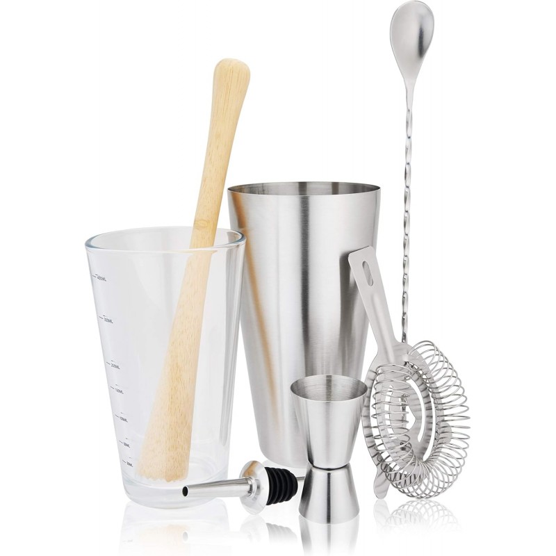 True 7-Piece Barware Set for Mixed Drinks and Cold Brew Cocktails, Includes Boston Cocktail Shaker Tin, Mixing Glass, Jigger, Muddler, Strainer, Bar Spoon, Pour Spout for Home Bar, Bartender Gifts