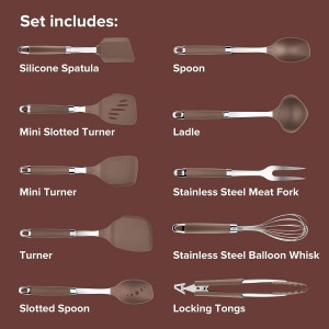 Anolon Tools Set/Nonstick Nylon Cooking Utensils/Kitchen Gadgets Includes Spoons, Turners, Ladle, Meat Fork, Whisk, and Locking Tongs, 10 Piece, Bronze