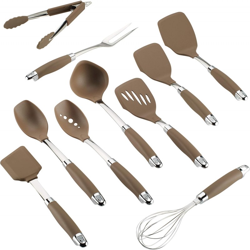 Anolon Tools Set/Nonstick Nylon Cooking Utensils/Kitchen Gadgets Includes Spoons, Turners, Ladle, Meat Fork, Whisk, and Locking Tongs, 10 Piece, Bronze