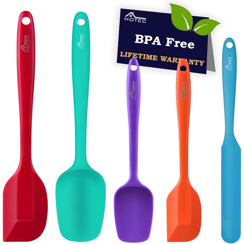 HOTEC Heat Resistant 600℉ Food Grade Silicone Rubber Spatula Set for Baking, Cooking, and Mixing Non Stick Dishwasher Safe BPA-Free Multicolor Set of 5