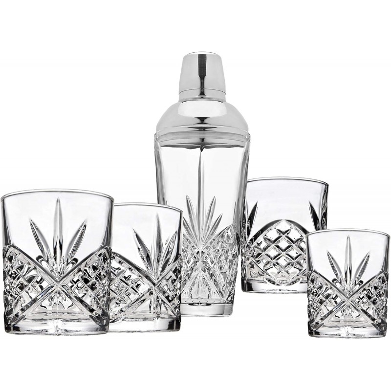 Godinger Martini Shaker Cocktail Shaker with 4 Old Fashioned Whiskey Glasses Barware Set, Dublin Dollection