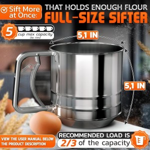 5 Cup Flour Sifter for Baking – Large Capacity Flour Sifter Stainless Steel with Double Mesh, Easy One-Hand Use & Dishwasher Safe – Baking Tools for Sifting Powdered Sugar, Cocoa & Easter Cookies
